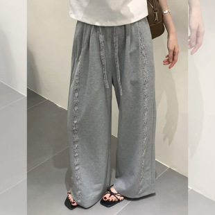 Grey design unique lace lace straight pants 2025 summer commuter all-match leisure slim wide leg pants