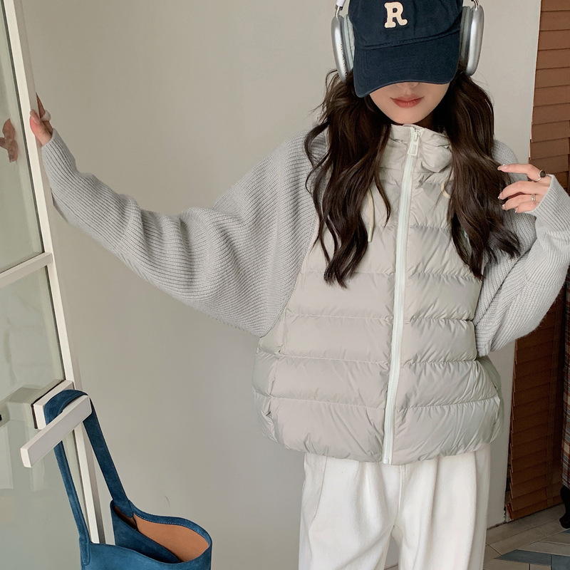 轻薄针织拼接棉服女短款连帽韩版2025冬季新款韩版棉衣棉袄外套|undefined