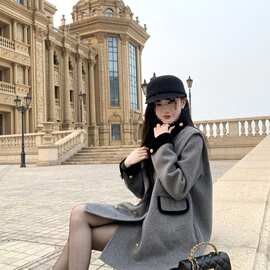 小香风时尚立领双排扣骑士高档毛呢大衣撞色拼接显瘦气质衣高级感
