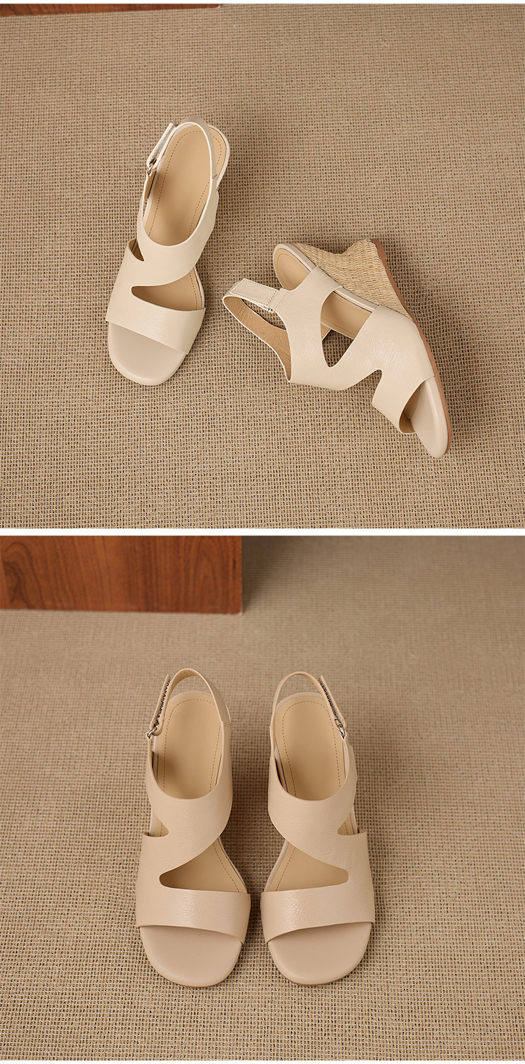 Sandal cao gót nữ quai ngang mũi hở chất liệu da cừu, đế cao gót bọc cói, khóa dán tiện lợi — màu trắng ngà, màu mơ chi tiết 13