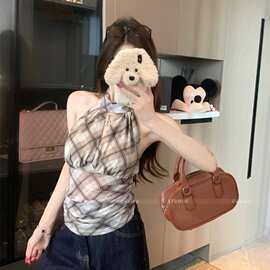 设计感格纹美背挂脖吊带背心女夏季修身无袖外穿辣妹显瘦短款上衣