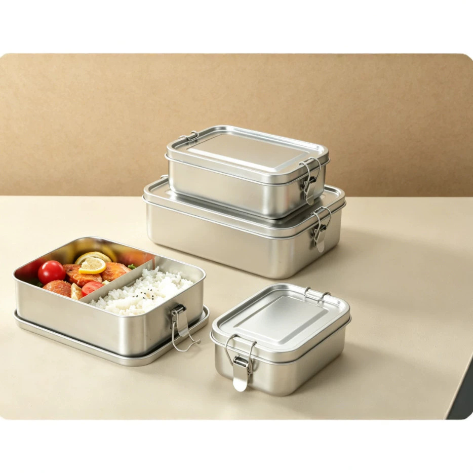 304 Stainless Steel Double-Clasp Lunch Box, Traditional Style Snap-On Lunch Box, Steamable Lunch Box with Lid for Office Workers