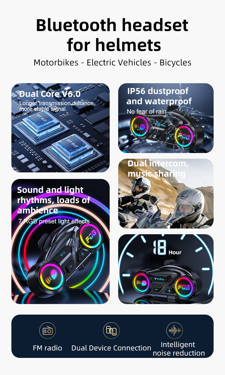 Cross-Border New Model Pro Dual-Intercom Motorcycle Helmet Headset Dual-Core Bluetooth 6.0 Music Sharing Fm Radio