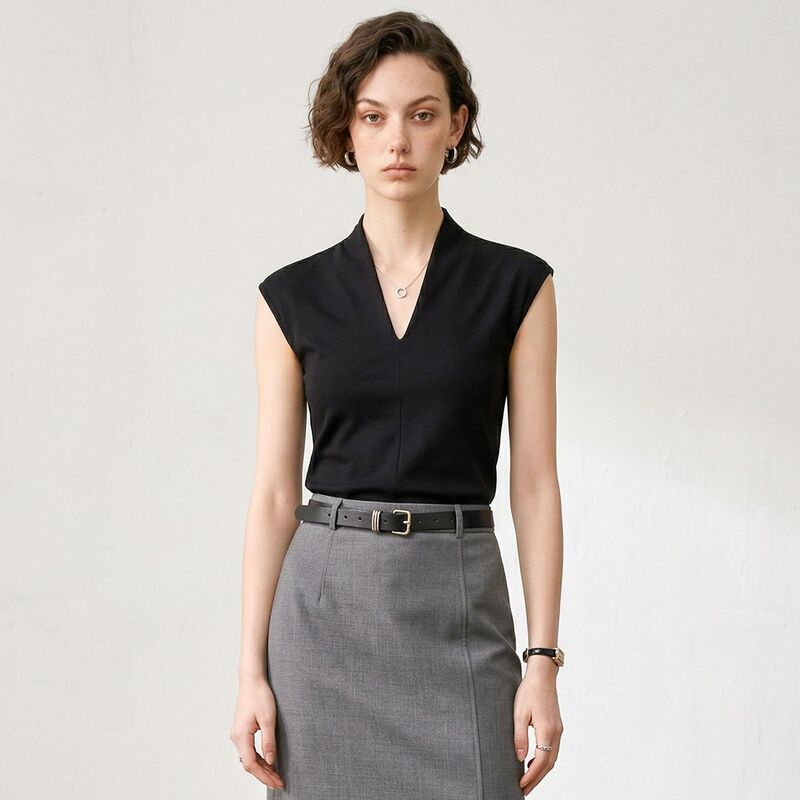 Elegant Commuter V-Neck Sleeveless T-Shirt for Women 2026 Summer New Slim Fit Outerwear and Innerwear Sexy Slimming Top