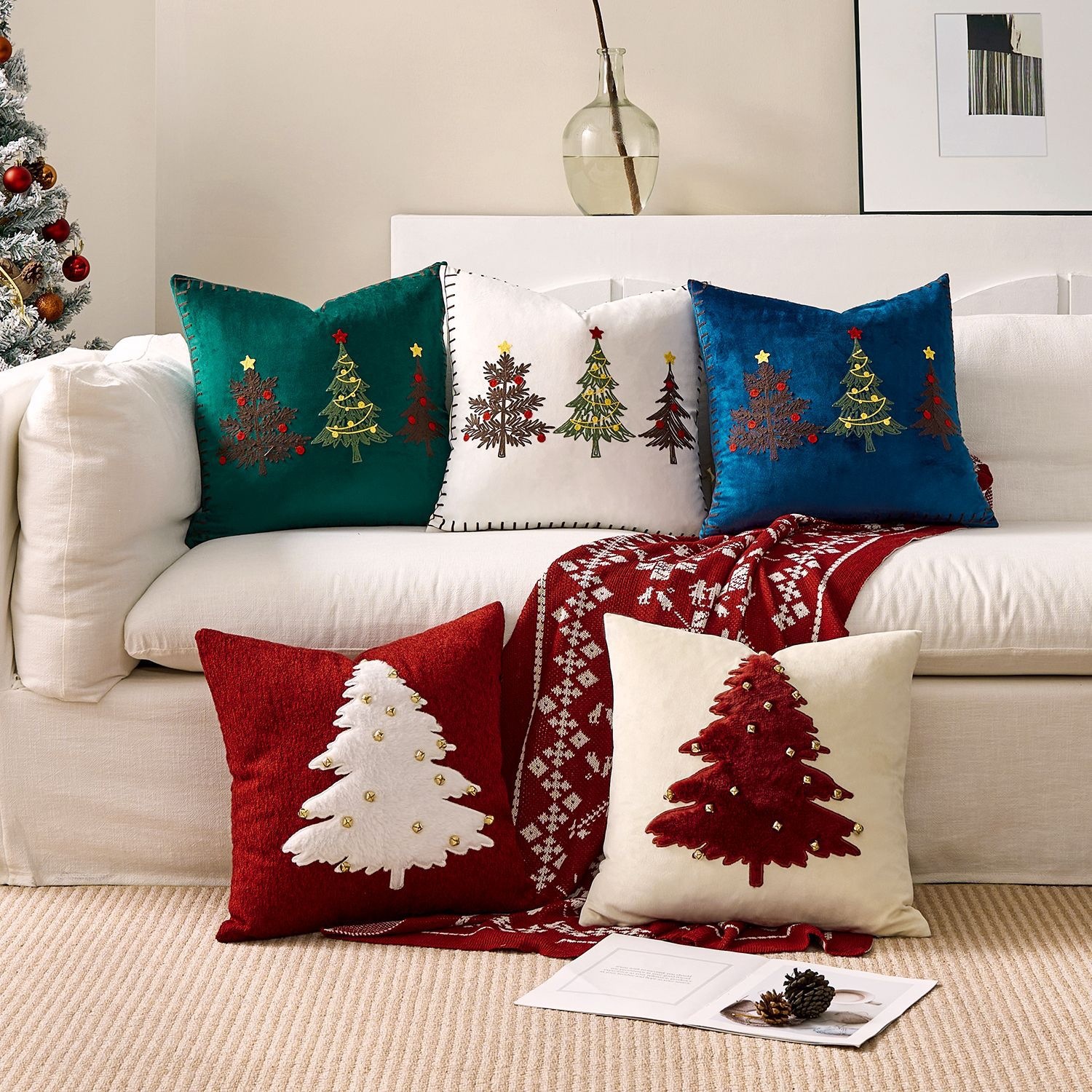 Ventas transfronterizas en caliente de alce árbol de Navidad estampado almohada cubierta de nieve de otoño y invierno bordado estilo de decoración de vacaciones atmósfera cojín cubierta