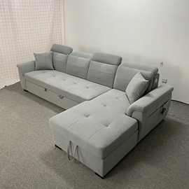 现代简约灰色防猫抓科技绒中小户型客厅可充电储物多功能沙发床