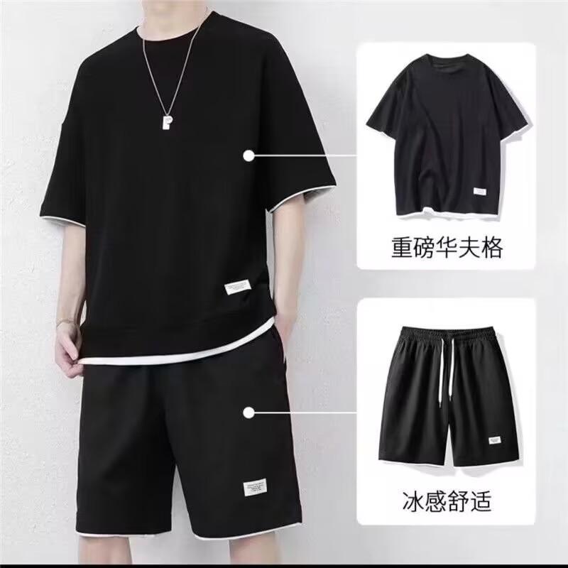 Personalizado hombre juego deportivo casual de verano suelto falso dos piezas camiseta de manga media dos piezas set waffle camiseta de manga corta