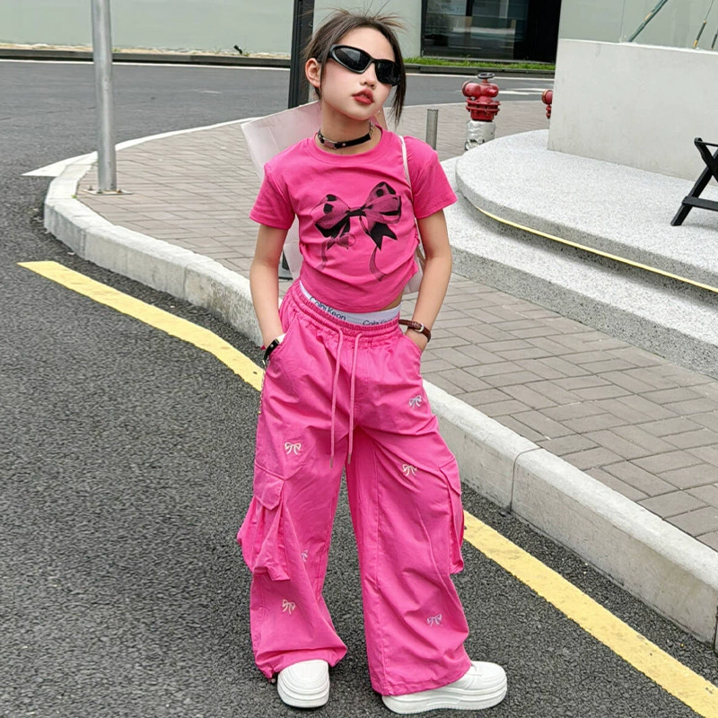 Летняя футболка с бантом для отдыха, брюки, с коротким рукавом, Slim fit