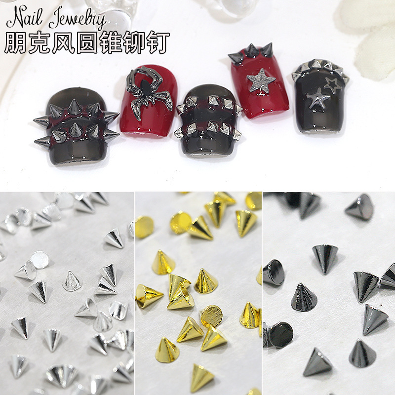 Cross-border Retro Punk Style Nail Art Ornaments Round Pointed Cone Metal Rivet Accessories Gold and Silver Cone Nail Ornaments