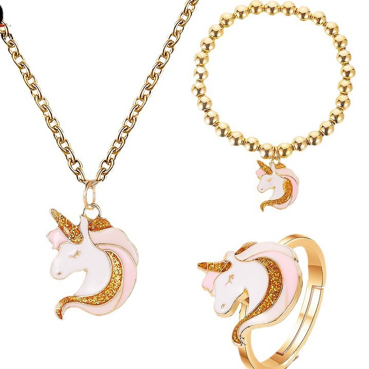 New Cartoon Jewelry Cute Unicorn Necklace Elastic Bracelet Ring Cross-border Hot Selling Jewelry Wholesale