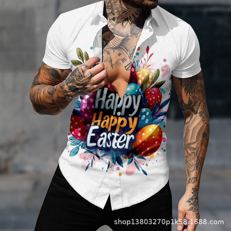 2026 Cross-Border Easter Eggs and Rabbits 3D Printed Summer Short Sleeve Lapel Shirt Loose Men's Cardigan