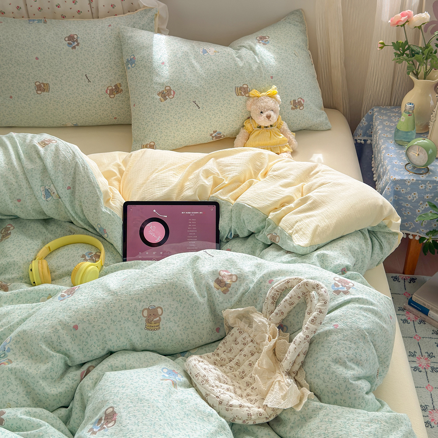 Una clase de cuatro piezas de grado materno-infantil de algodón puro de doble capa de algodón en la cama cubierta de sábanas de cama nueva cama de dormitorio Kasa San set de 4 piezas