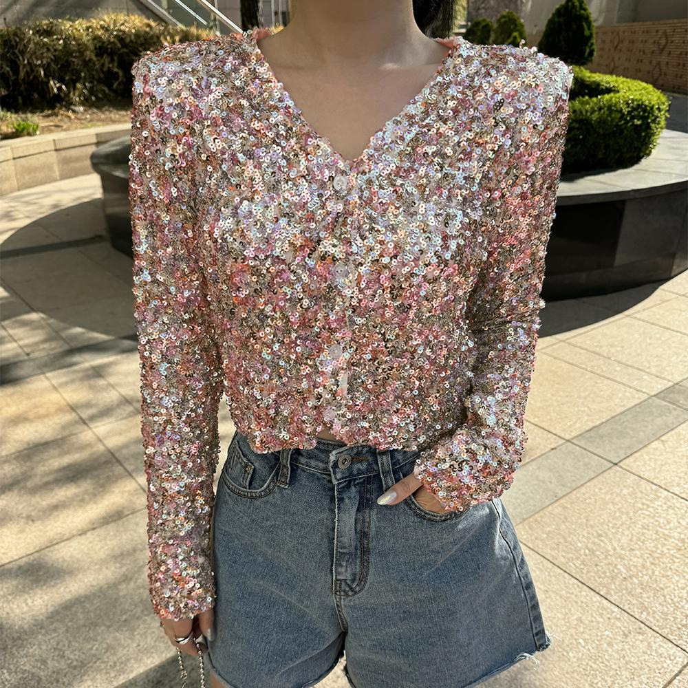 2025 nueva Europa y América Amazon manga larga ciudad de color casual suelta chaqueta de cuello V camiseta de ropa superior de mujer image 1