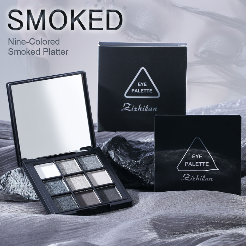 Gray-black Black Swan nine-color eyeshadow palette with pearlescent shimmer, dark-toned metallic punk smoky makeup eyeshadow palette