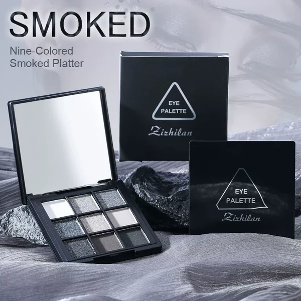 Gray-black Black Swan nine-color eyeshadow palette with pearlescent shimmer, dark-toned metallic punk smoky makeup eyeshadow palette