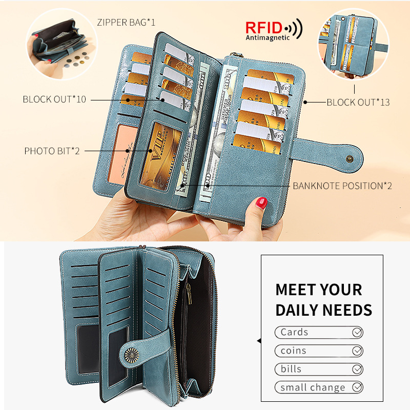 Amazon venta caliente RFID cepillo antideslizante billetera de damas larga cremallera pu europea y americana gran capacidad billetera de mano