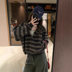 慵懒随性25秋冬韩系宽松休闲长袖卫衣连帽条纹撞色设计感开衫外套