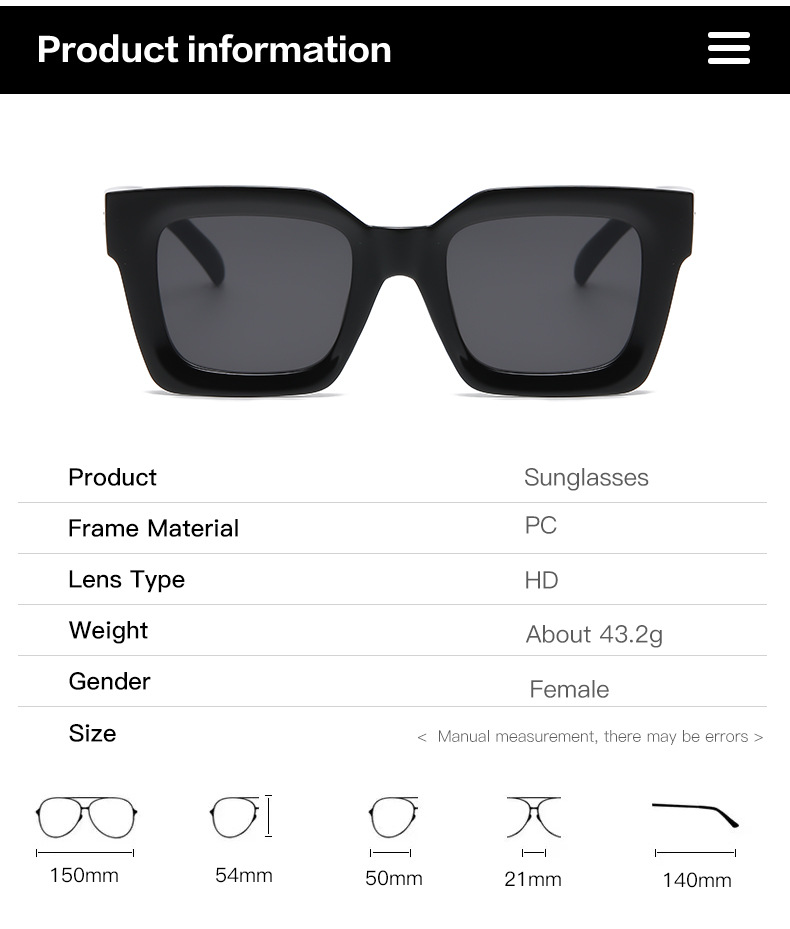 45g Weight Full Frame Glasses Structure Sunglasses Classification Ac, UV400 Protection Lens Material Square Glasses Style Travel, Fishing Occasion Solid Color Pattern All Seasons Season Women's Gender Basic, Lady Style Basic Lady Solid Color Ac UV400 Protection Square Full Frame Women's Sunglasses 无