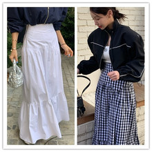 韩国chic新款复古百搭高腰鱼尾花苞半身裙小众格纹半身裙长裙女
