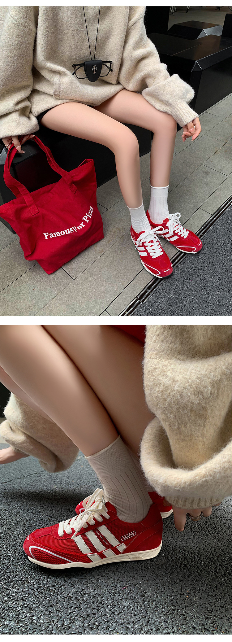 Giày sneaker nữ đế dày phong cách retro cổ điển, tăng chiều cao nhẹ, thoáng khí — xanh lam, màu đỏ chi tiết 4