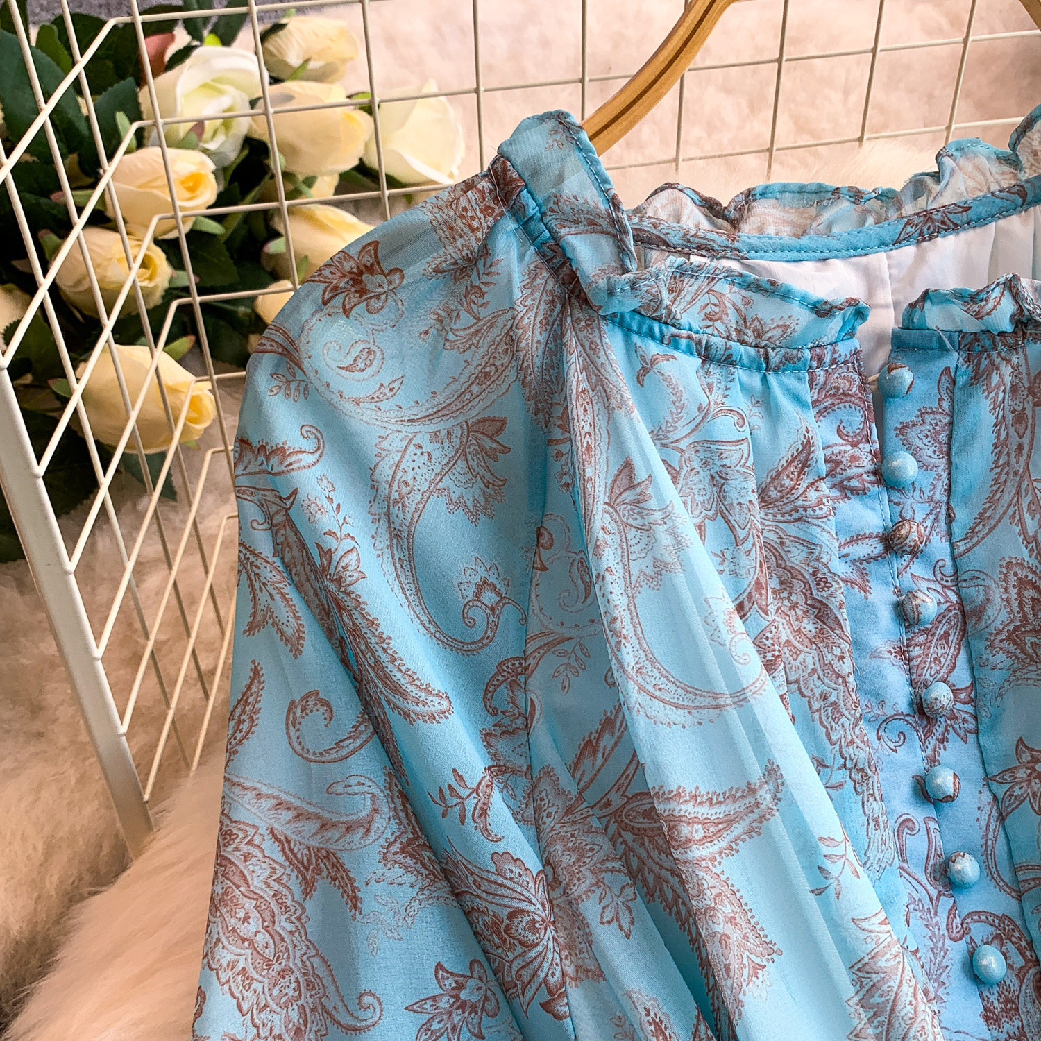 Elegant French Style Long Sleeve Dress Ruffled Collar Rope Waist Cinching Chiffon Printed Maxi Summer Retro Dress_ecoleips.com