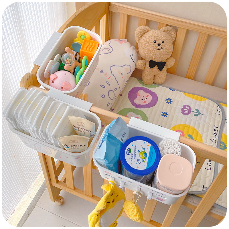 Baby-specific bed-hanging storage bag, baby bedside organizer basket, diaper and pull-up pants holder for bed edge, crib-side storage box