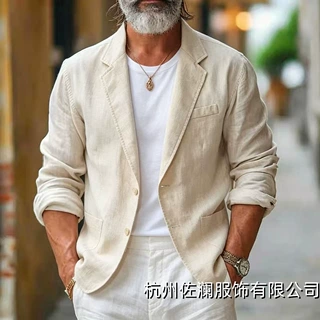 跨境老钱风亚麻纯色西服男士亚马逊休闲西装单层外套简约棉麻上衣