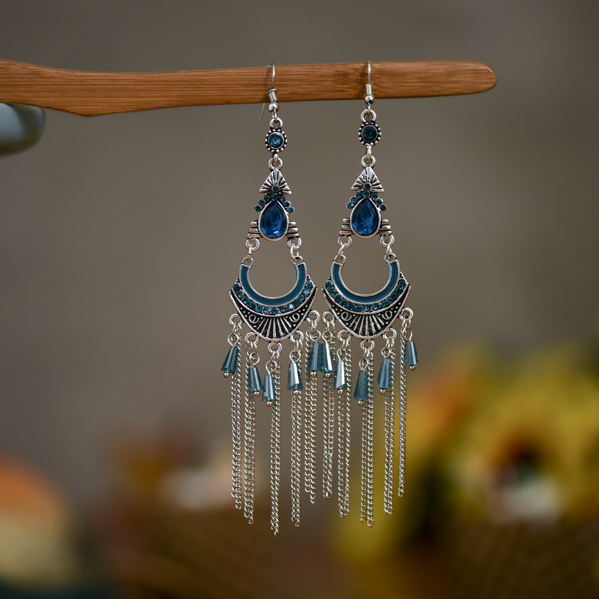 Fashion traditional tassel womens long ethnic crystal chain alloy earringspicture3