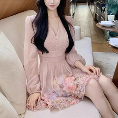 花落梦夕 收腰显瘦V领木耳边繁花长袖连衣裙