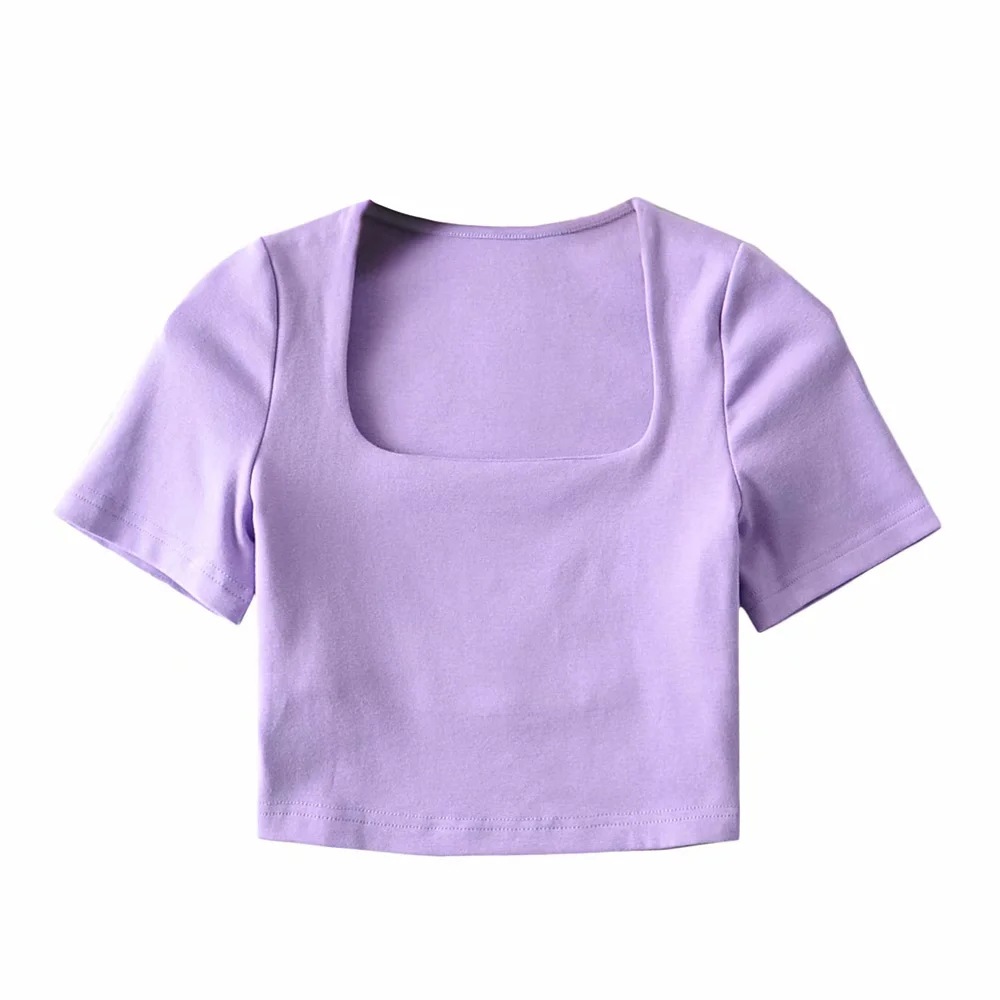 elastic square collar short sleeve T-shirt NSAC50846