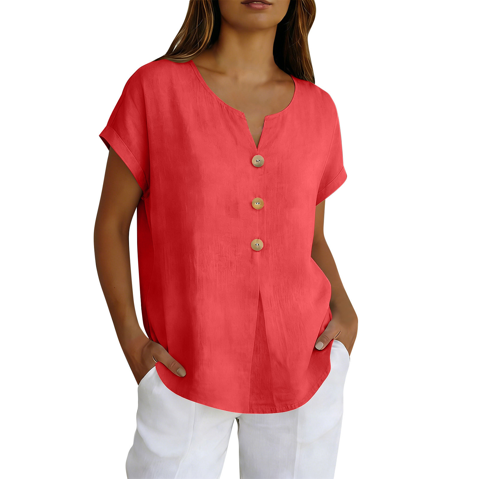 Breathable Button-Front V-Neck Blouse, Loose Fit Short Sleeve Top For Women, Soft Polyester Casual Shirt For Work And Daily Wear_ecoleips.com
