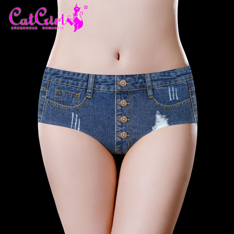 catgirl retro denim seamless underwear waist ladies one-piece briefs printed underwear manufacturers source