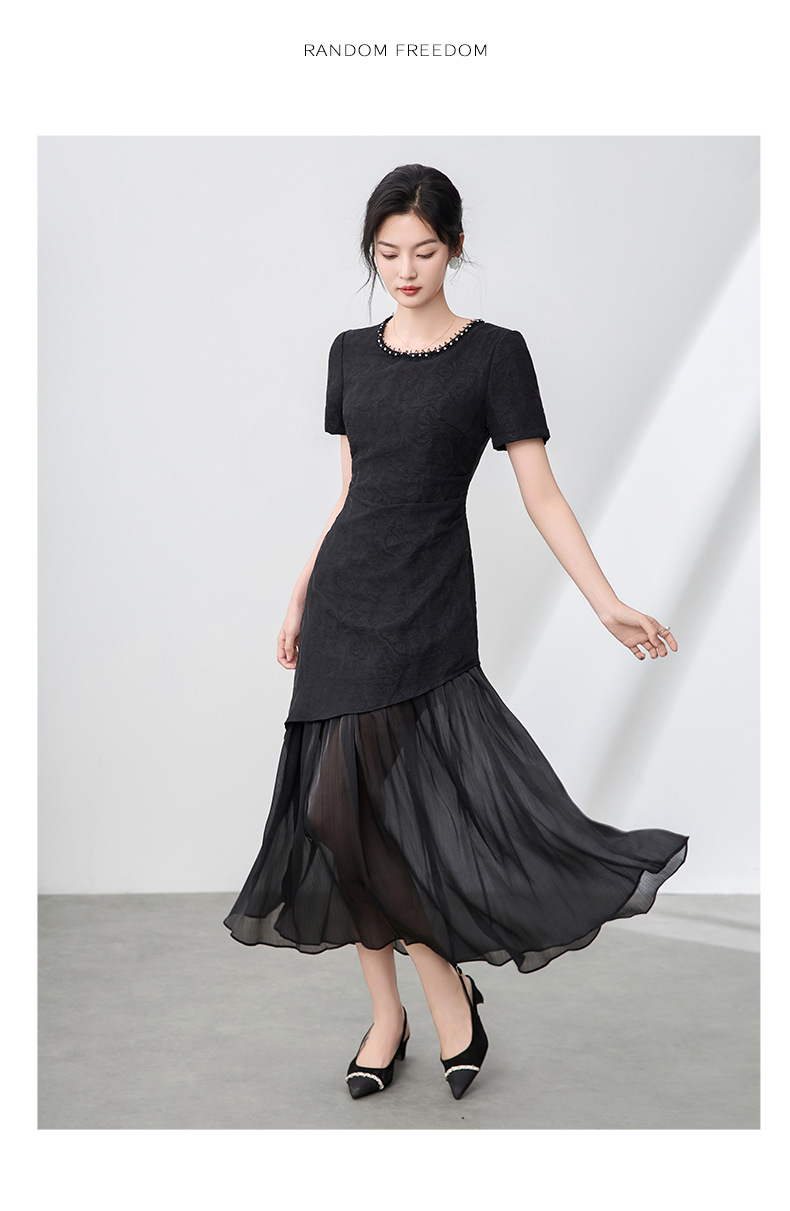 Váy maxi nữ cổ tròn đính cườm họa tiết bướm jacquard phong cách Trung Quốc — Màu đen chi tiết 10