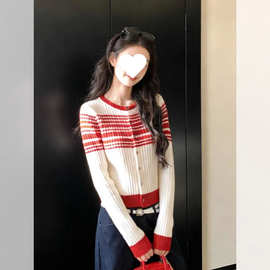 糖糖~韩系穿搭红色条纹针织开衫女毛衣外套漂亮