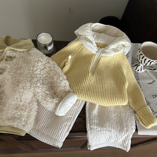 Korean children's winter knit hat and sweater set with warm lining for girls, two-piece fashionable children's pants