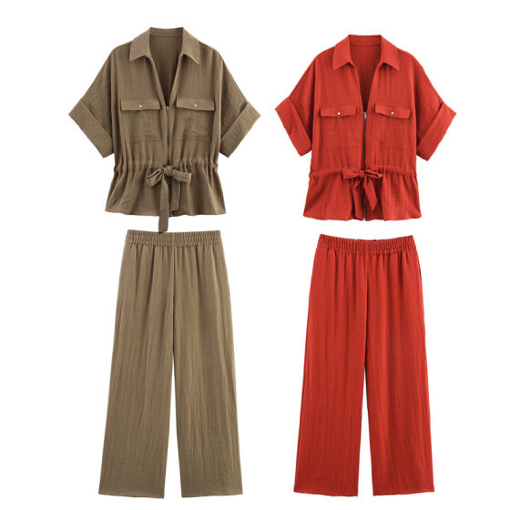Foreign trade 2025 new travel hunting shirt 2273741 holiday style wide leg pants 105837048.00g-piece suit