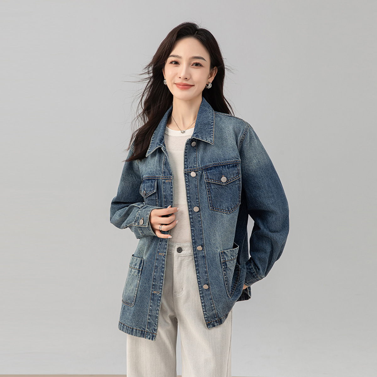 美式复古水洗多口袋牛仔外套女秋季新款宽松百搭翻领夹克上