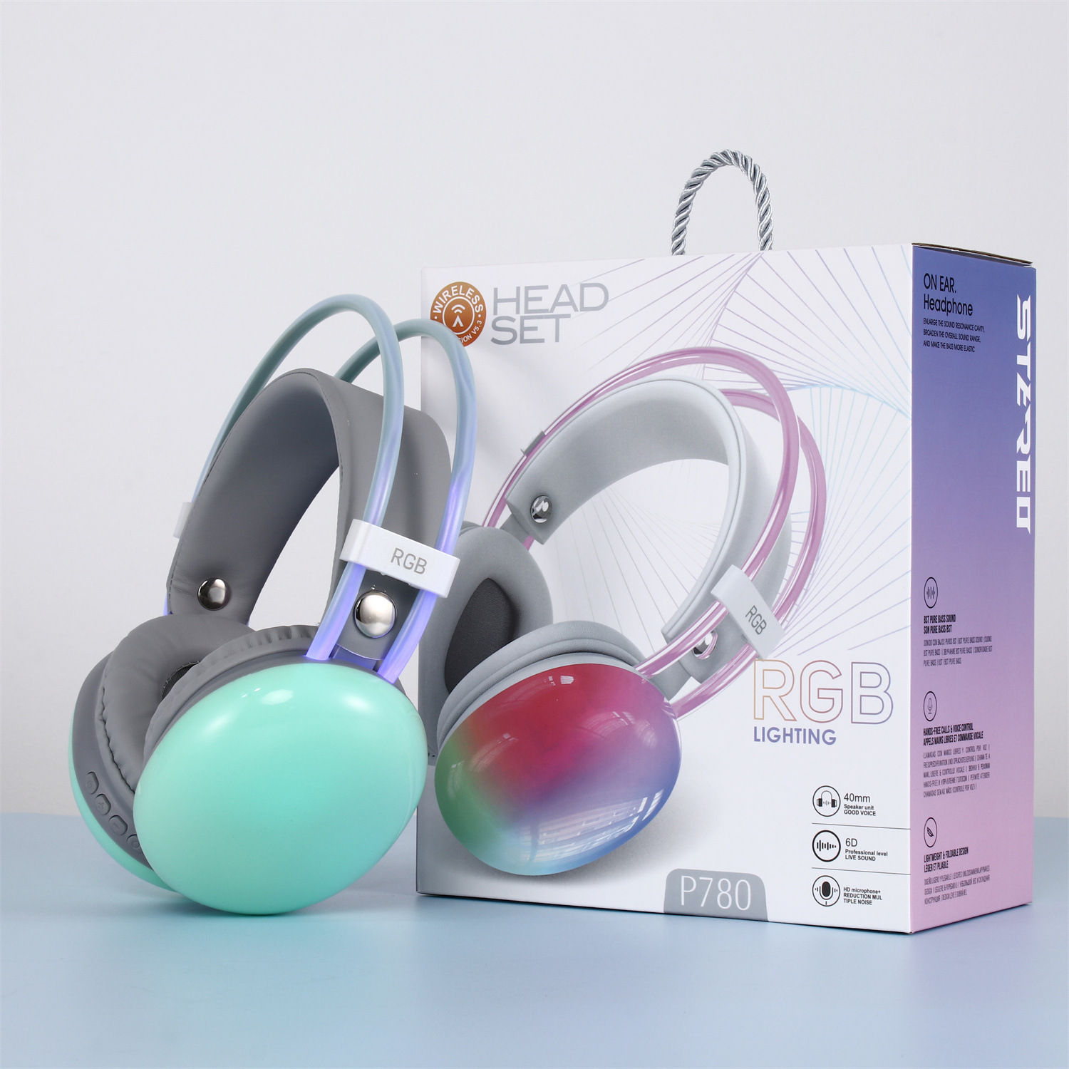 Nuevo auricular Bluetooth montado en la cabeza transfronterizo, auricular inalámbrico RGB luminoso de graves pesados, duración de la batería ultralarga y reducción de ruido