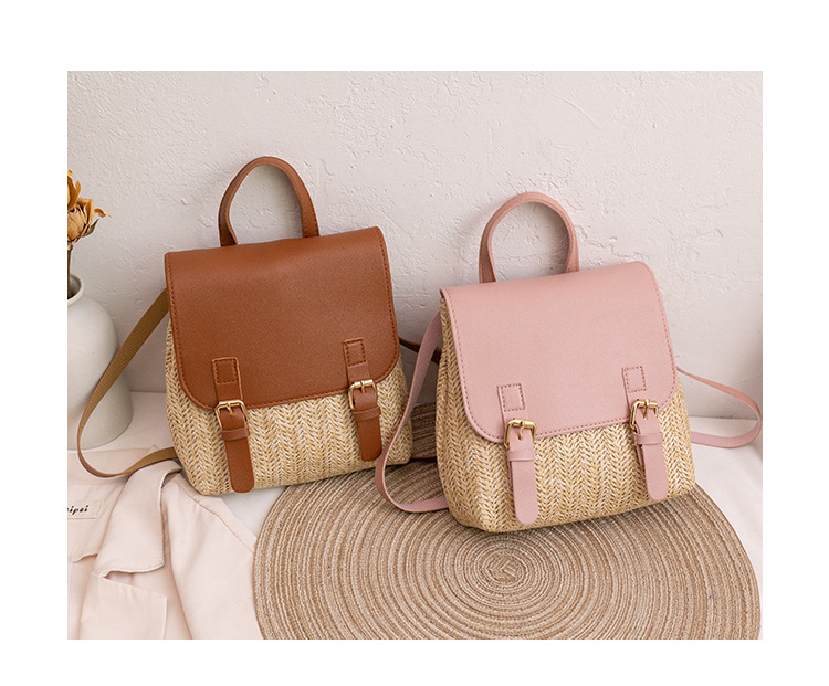 173g Weight Synthetic Leather Lining Material Buckle Closure Type Double Shoulder Straps Strap Type Fashion Backpack Bags Type Daily Occasion Straw Material Women's Backpack Backpack Color Block Pattern All Seasons Season Women'S Gender Fashion Style Square Shape Medium Size Women's Medium All Seasons Straw Fashion Fashion Backpack
