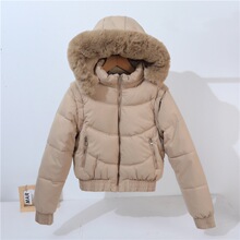 欧美女装短款棉服可脱卸袖两穿修身高腰棉服休闲加厚毛领加绒棉衣