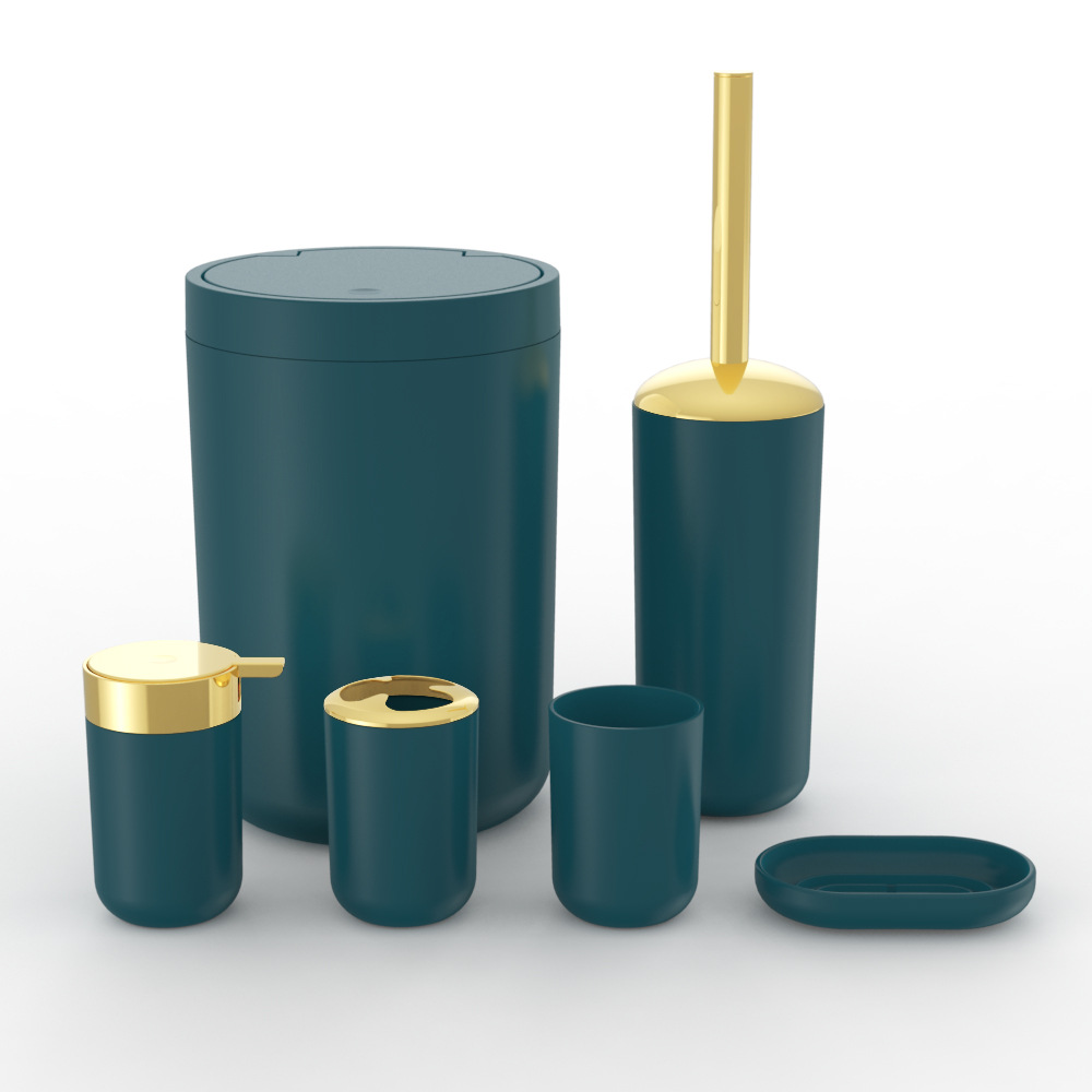 Plástico de color sólido chapado en oro seis piezas conjunto de cepillo de dientes caja de jabón cepillo de inodoro almacenamiento baño conjunto de lavado