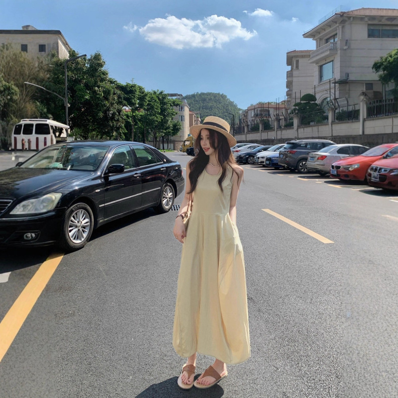 实拍 韩系圆领无袖蓬蓬花苞裙女夏度假风设计收腰背心连衣裙86427|undefined