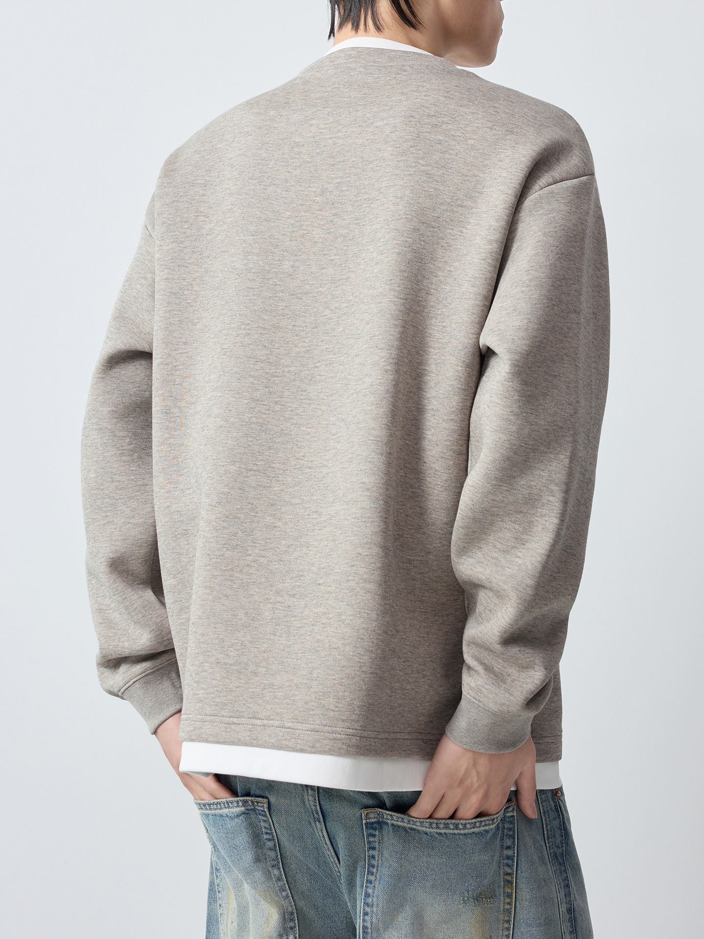 Áo hoodie nam nỉ hai lớp giả phối cổ tròn tay dài — Xám hoa sâu