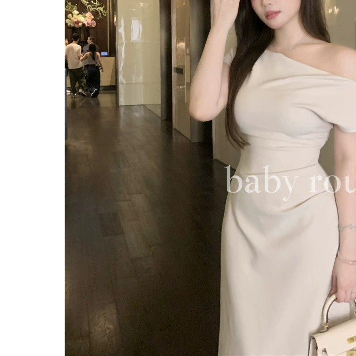 Baby rouu [Элегантный лунный свет] Чувство чистого желания с короткими рукавами косая плечо платье с поперечным плечом фиолетовое платье