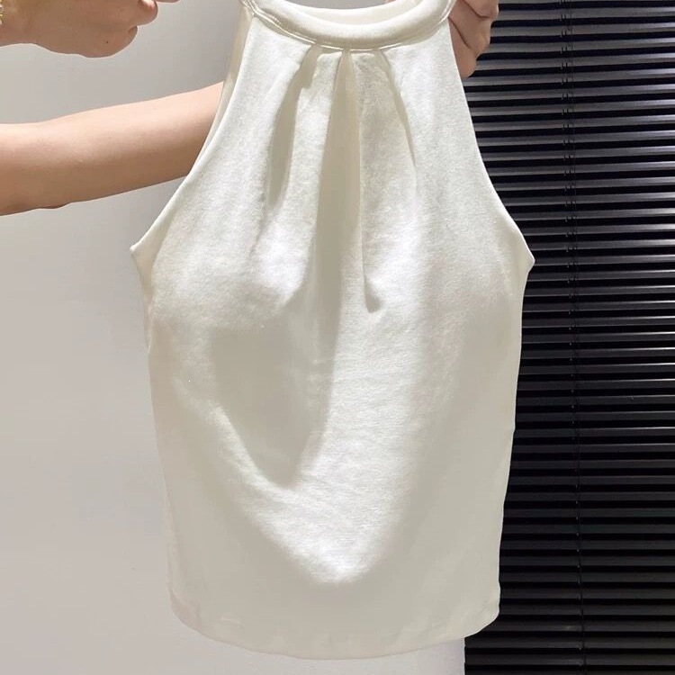 95% Cotton Halter Neck Camisole with Chest Pads for Women, New Autumn and Summer Style, Plus Size, Slim Fit, Suitable for Outerwear or Layering, Sexy Base Top