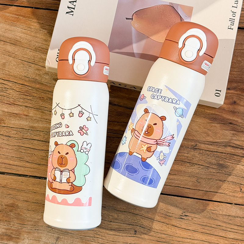 水豚弹跳盖直饮杯吸管杯 学生户外便携水杯上学真空不锈钢保温杯