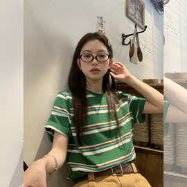 欧货绿色条纹短袖t恤女夏季韩版宽松休闲百搭上衣小个子CX6135