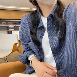 韩系高级感蓝色格子棉麻磨毛衬衫上衣女春季新款宽松长袖衬衣外套