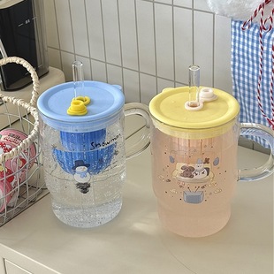 Korean Ins Style Large-Capacity Glass Straw Cup Girl's Heart Cup Student Drinking Cup Glass Cup Snowman