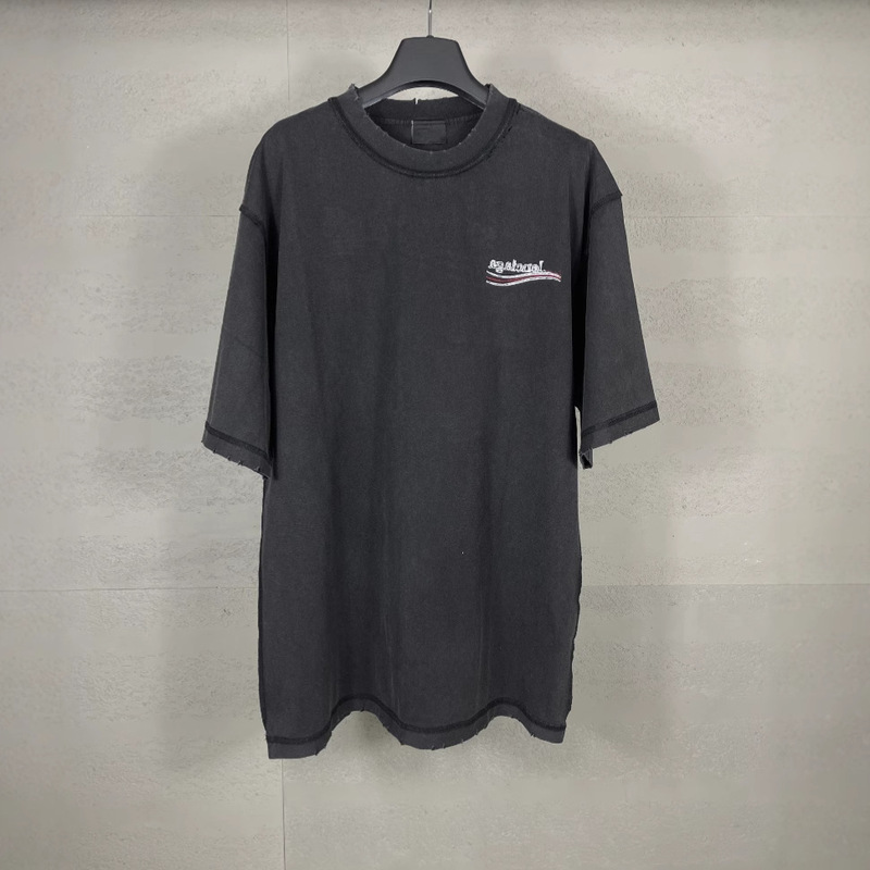 High-End Paris 2026 New B Brand Coke Wave Logo Reverse Embroidery Washed Distressed Short-Sleeve T-Shirt